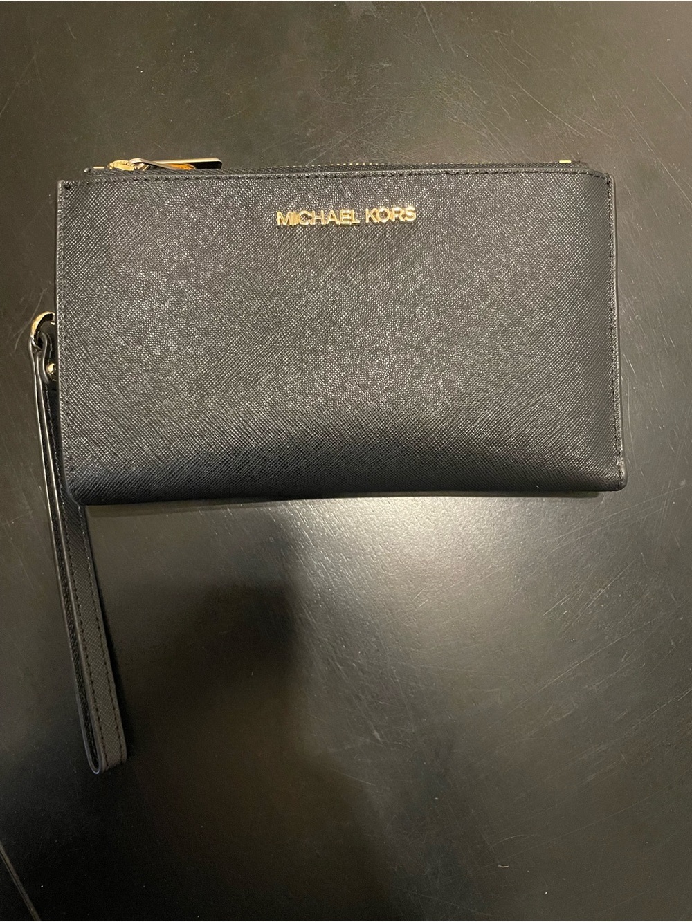 Michael Kors Black Saffiano Wristlet Wallet with Gold Logo